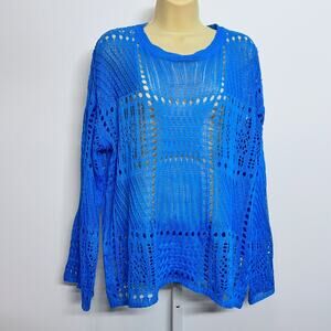 Loose Knit Crochet Sweater Royal Sea Blue Open Weave Beachy Summer Medium NOTAG